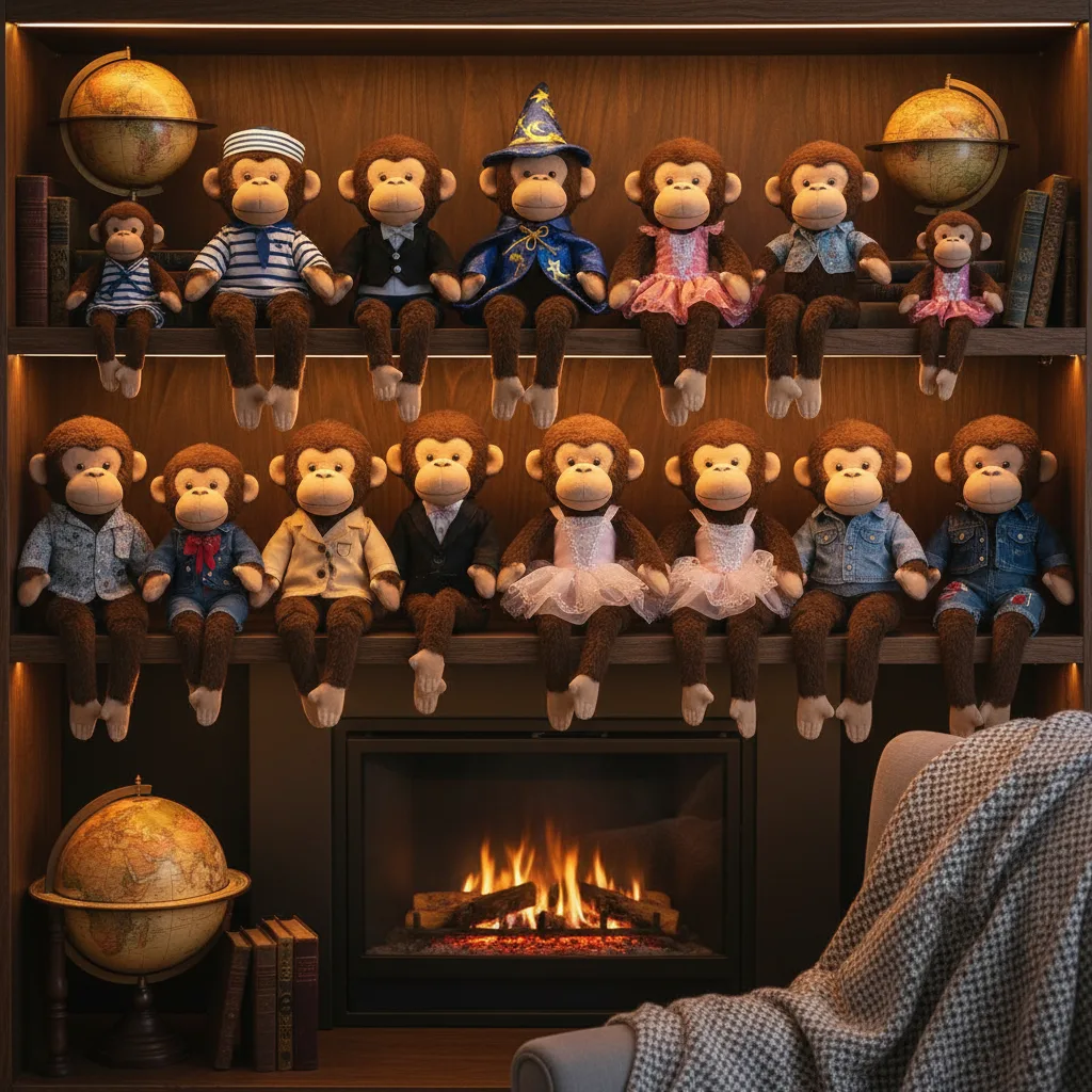 Collection complète de peluches Monchhichi en vitrine