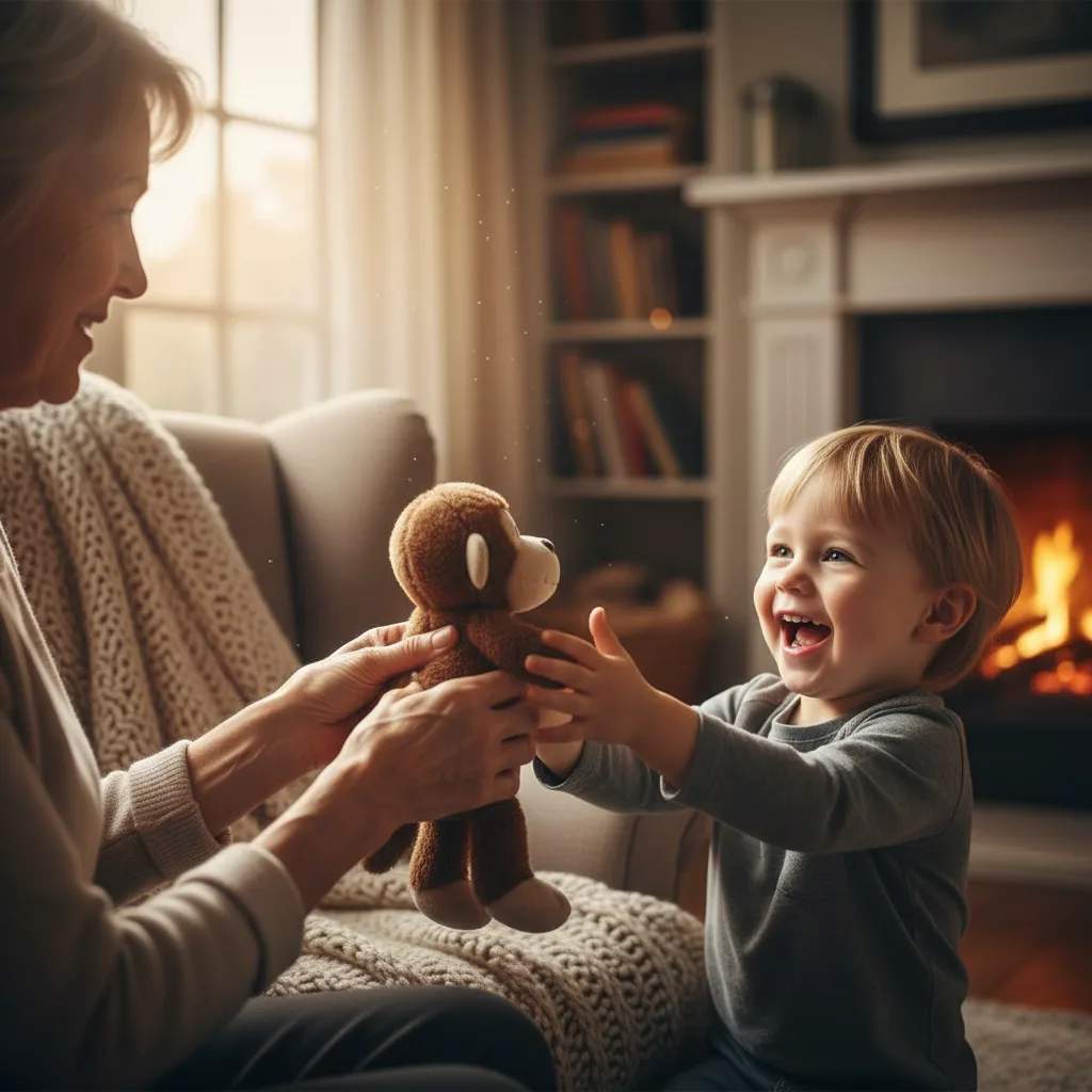 Grand-mère offrant une peluche Kiki Monchhichi à sa petite-fille